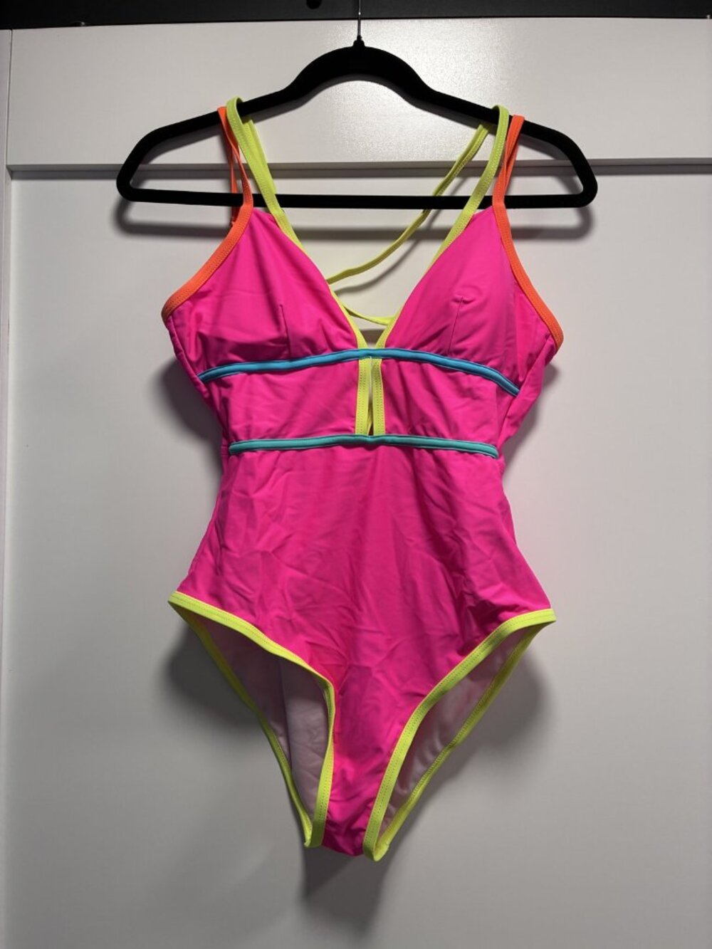 Neon Pink Colorblock Strappy One-Piece Swimsuit Size M